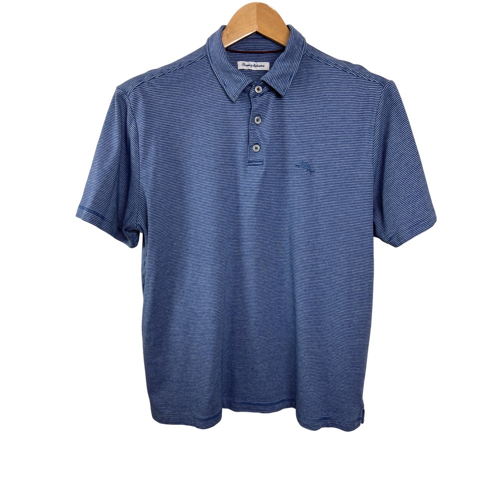 Tommy Bahama Polo Shirt Mens Large Blue Striped Short Sleeve Marlin Logo E21